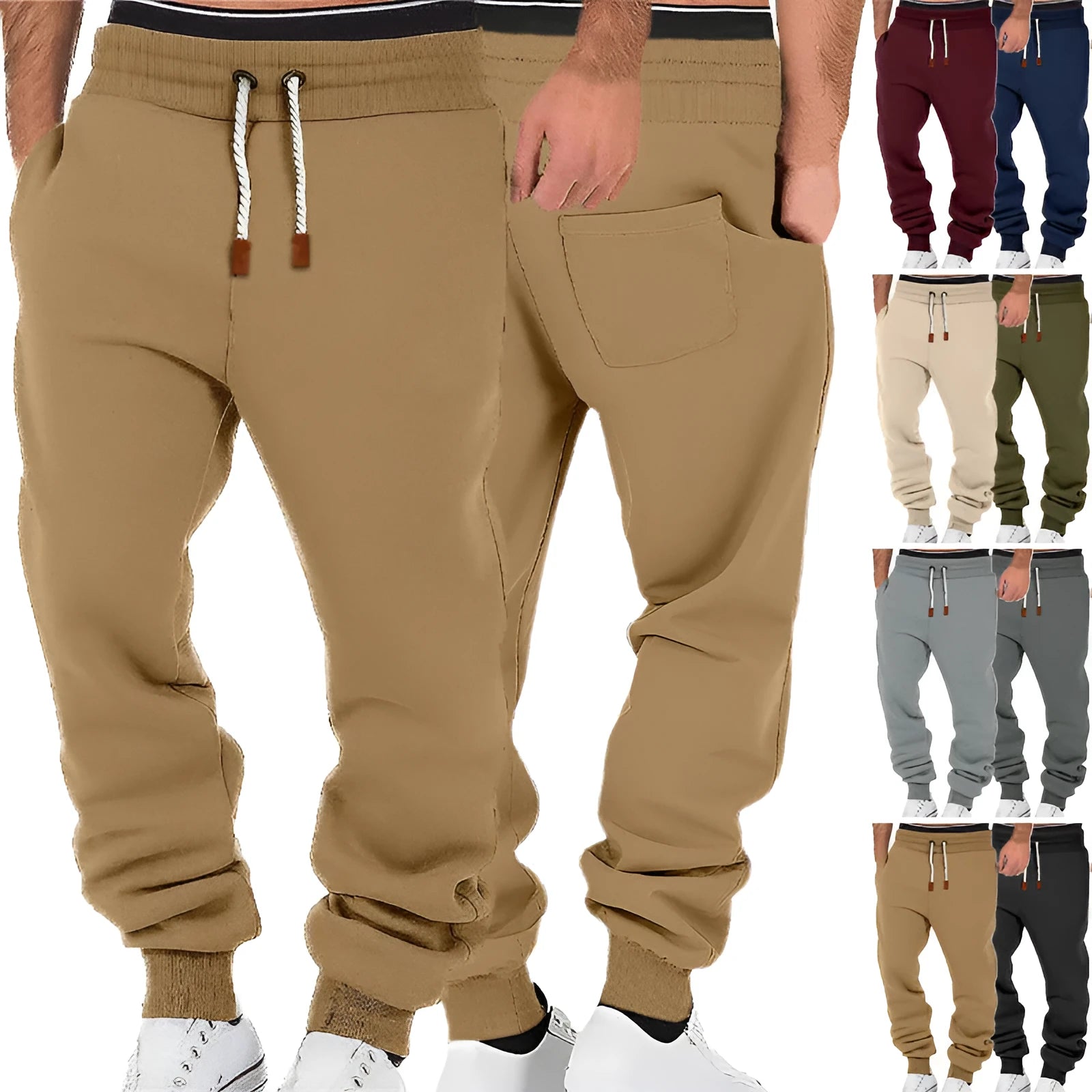 Men's solid colour fleece-lined cuffed sweatpants in army green with drawstring waist