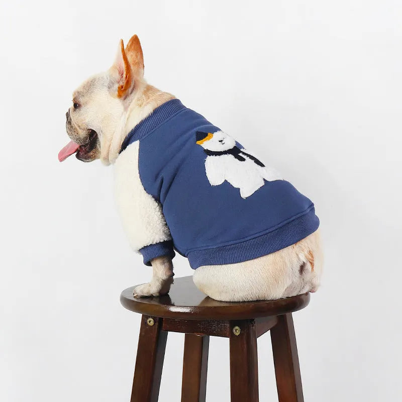 Dark blue fleece-lined winter dog coat shown on a small dog, highlighting the cotton material and thick style.