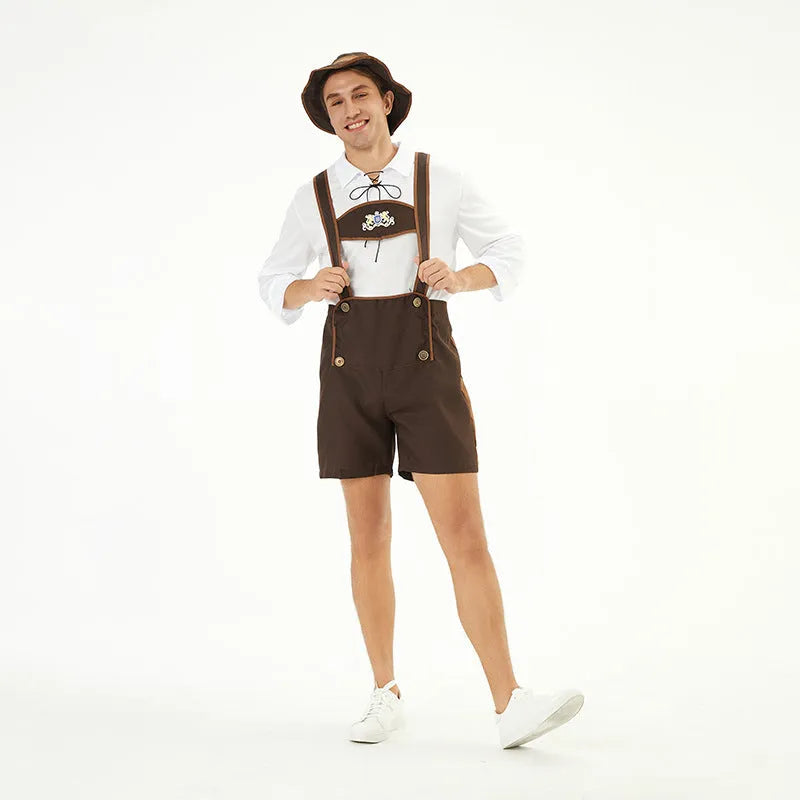 Men's cotton blend Munich Beer Festival suit with suspender top overalls and hat
