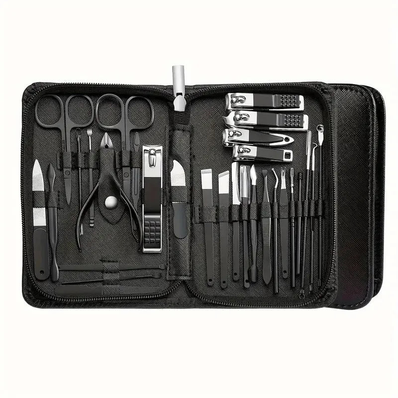 30-piece stainless steel nail beauty tool set shown in pink, blue, rose gold, black, and green colour options.