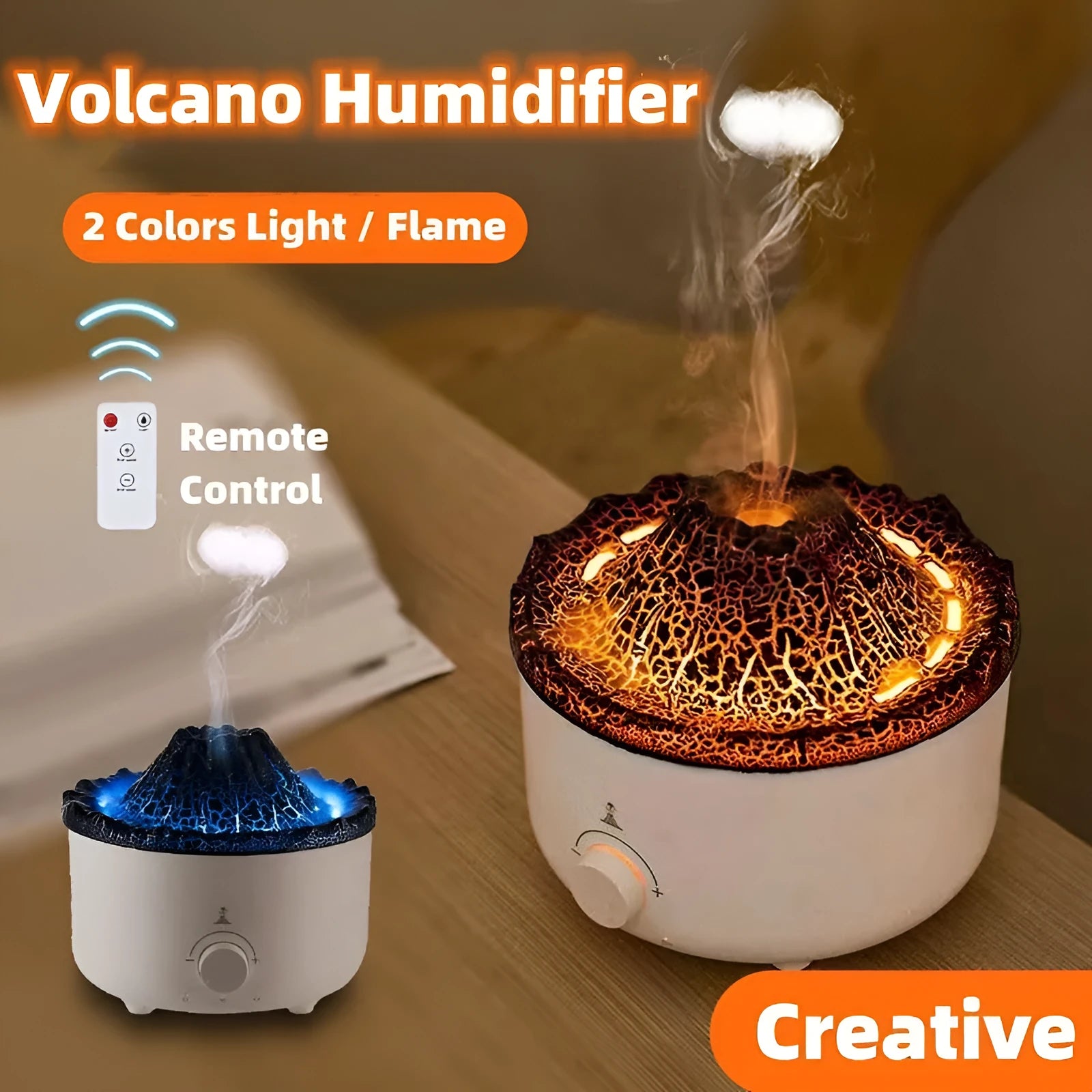 White simulated flame volcano humidifier and aroma diffuser with remote control