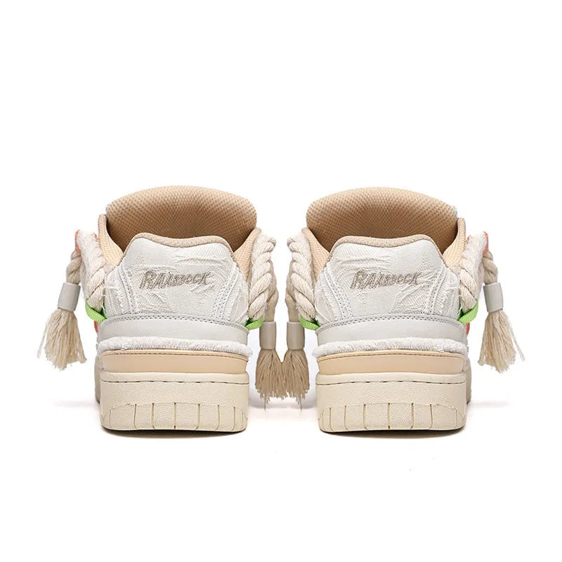 Creamy white retro skateboard shoes with old damage lace design and low-top platform profile