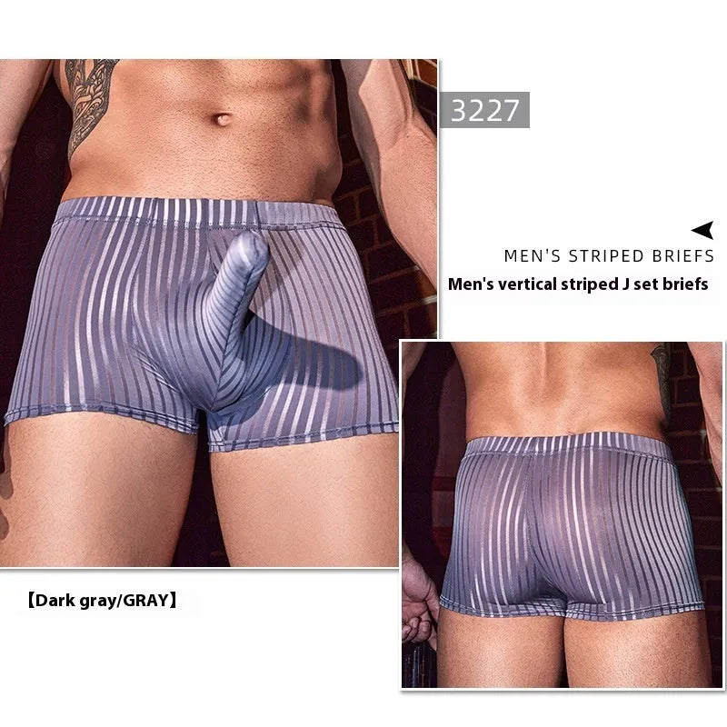 Men's black striped nylon boxer briefs laid flat, showing vertical pattern and elastic waistband.