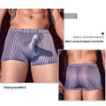 Men's black striped nylon boxer briefs laid flat, showing vertical pattern and elastic waistband.