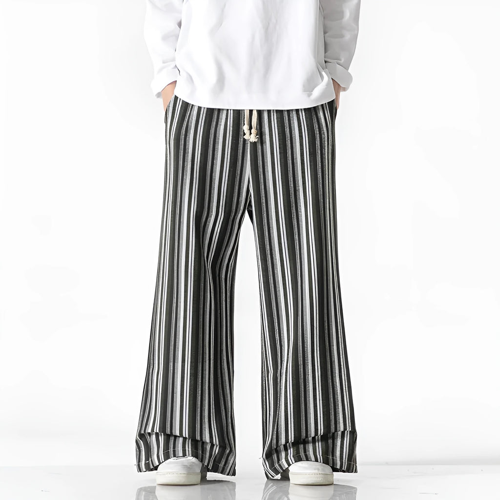 Vintage stripe loose straight leg mopping pants in cotton blend fabric on a hanger