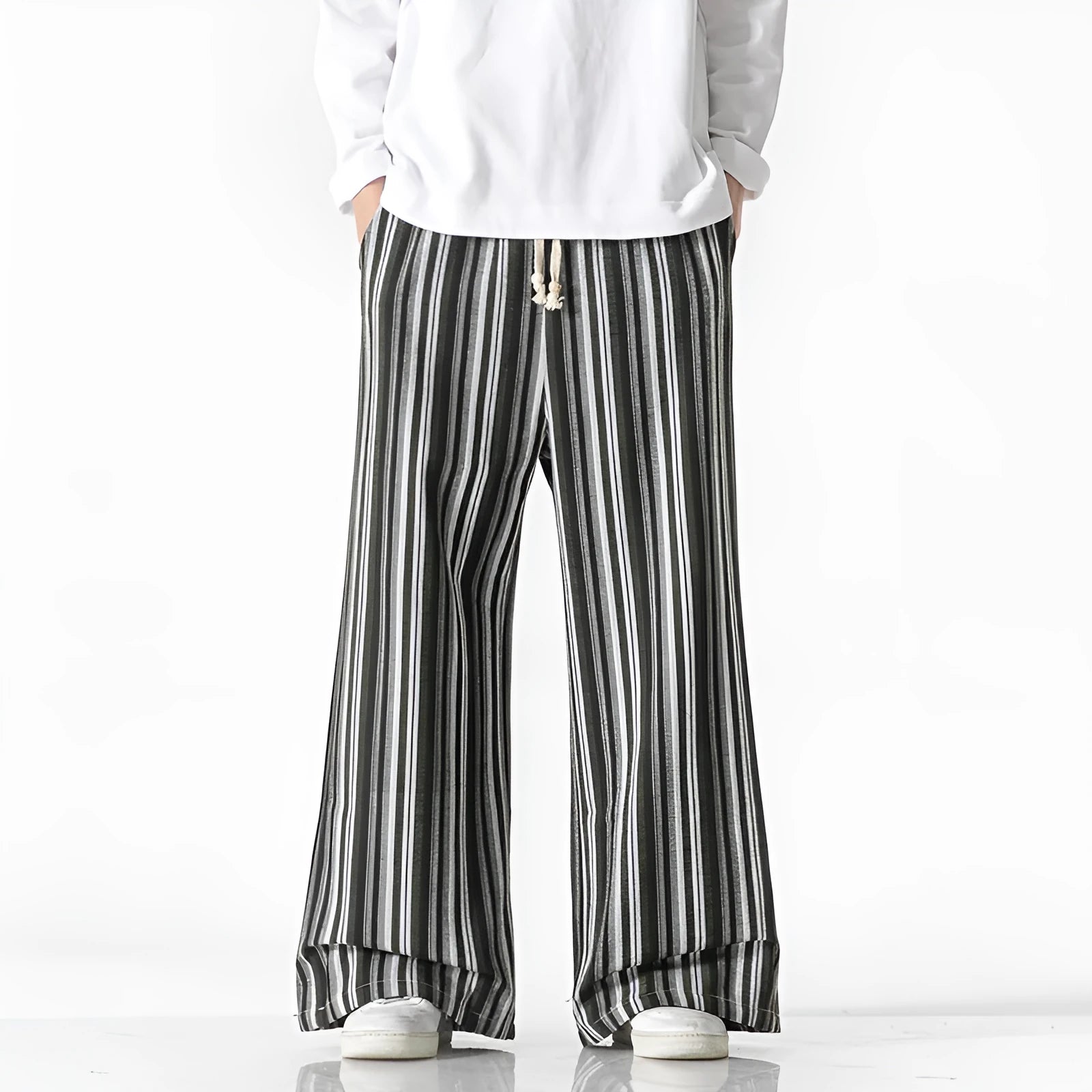Vintage stripe loose straight leg mopping pants in cotton blend fabric on a hanger