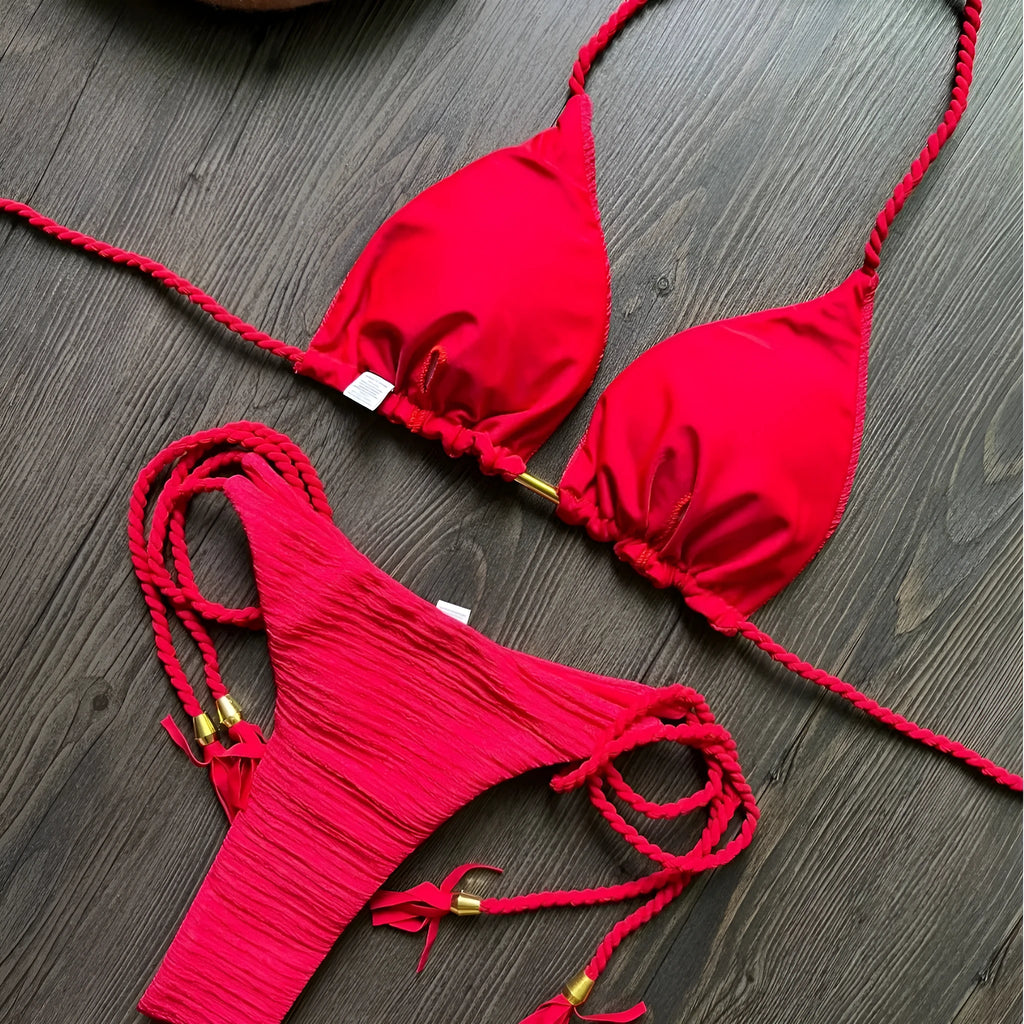 Women's fashion braided rope bikini suit in solid colour with cotton lining and nylon fabric