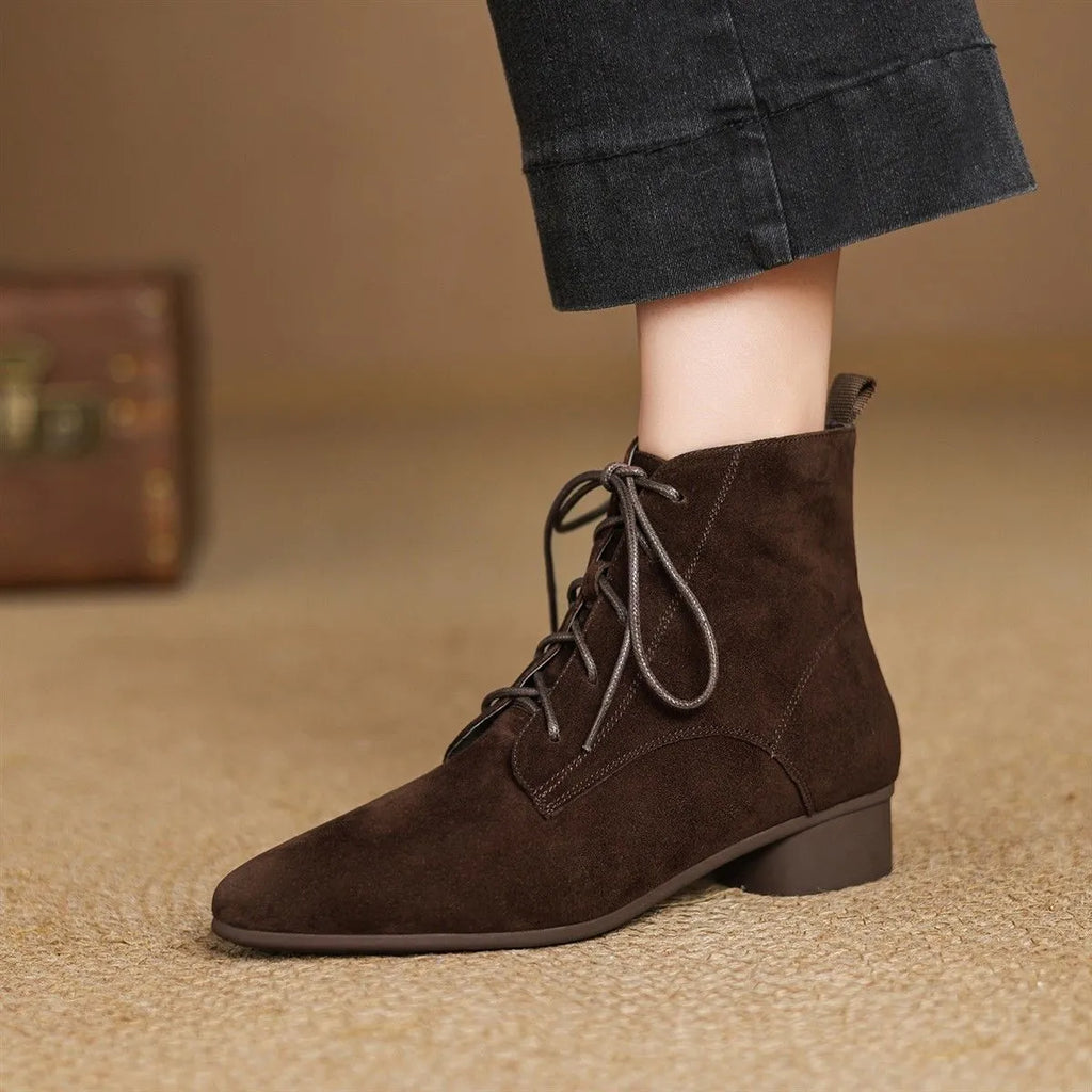 Women's matte brown pointed low-heel ankle boots with block heel and fleece lining