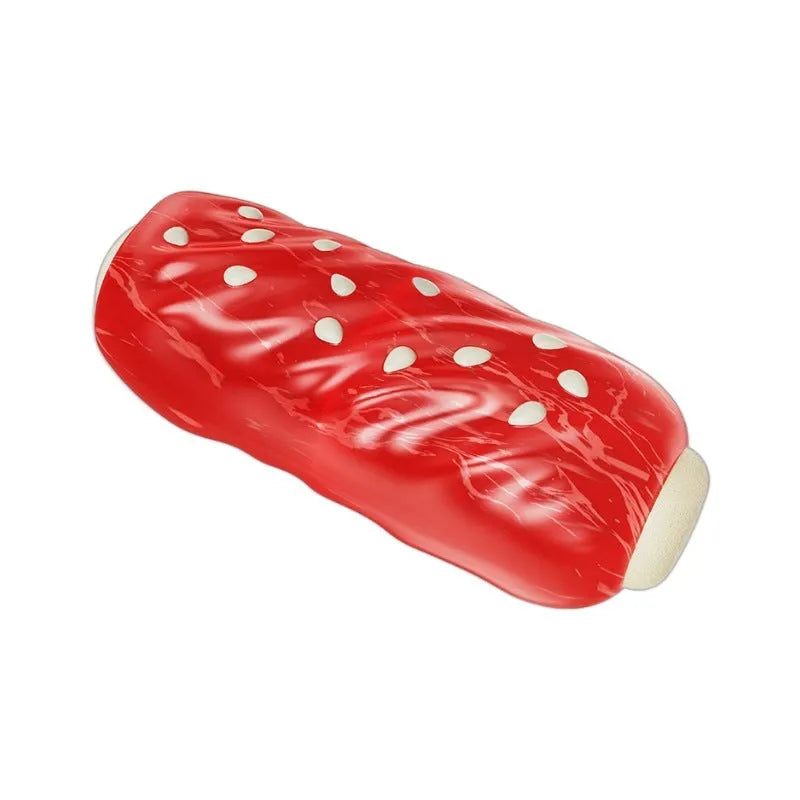 Primary colour plastic bone-shaped dog toy with a hollow treat-holding molar rod section.