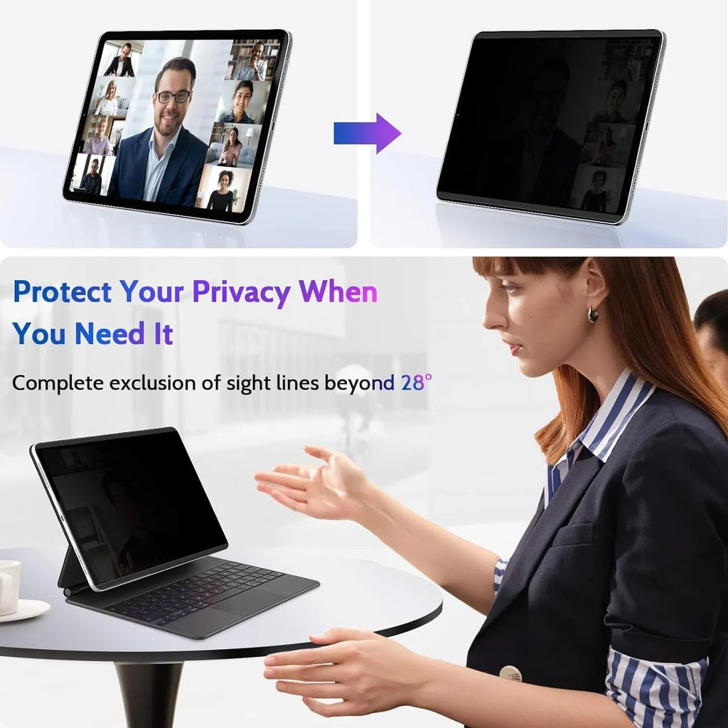 Magnetic anti peeping film for iPad with paper-like texture and a 360-degree storage clip on colour card packaging.