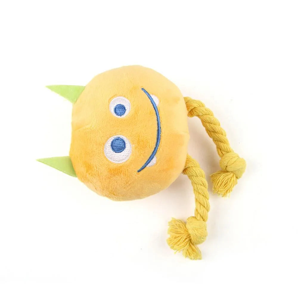 Yellow and blue knotted rope dog squeaky toy with cotton construction