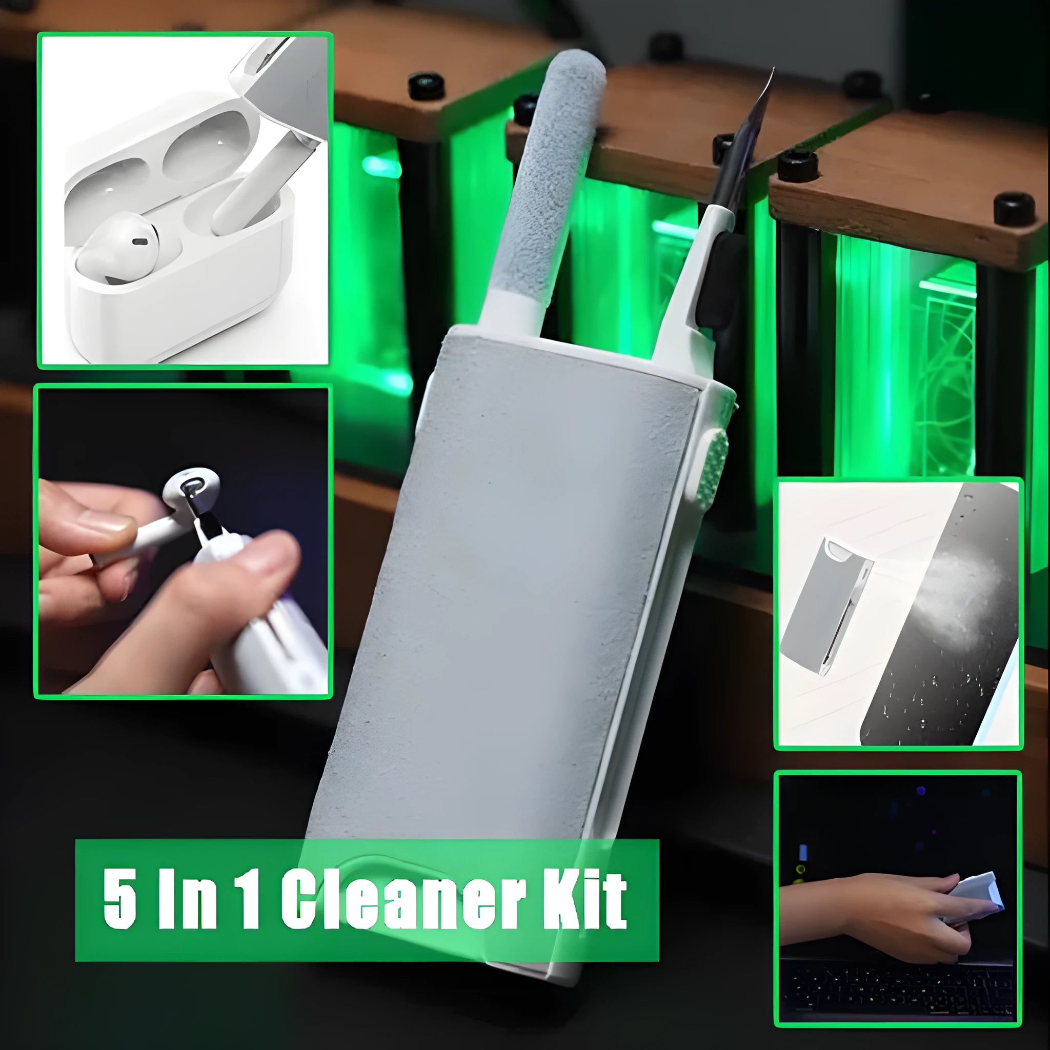 5-in-1 digital cleaning kit with flocking sponge, brush, and metal tip for phones, tablets, laptops, and earphones