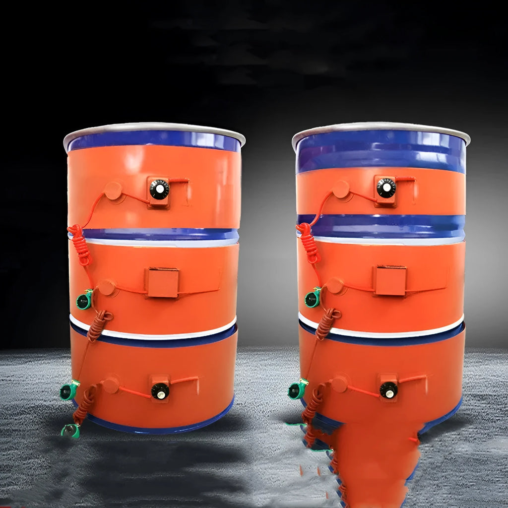 Silicone rubber heating belt wrapped around a 200-litre oil drum with digital display control unit.