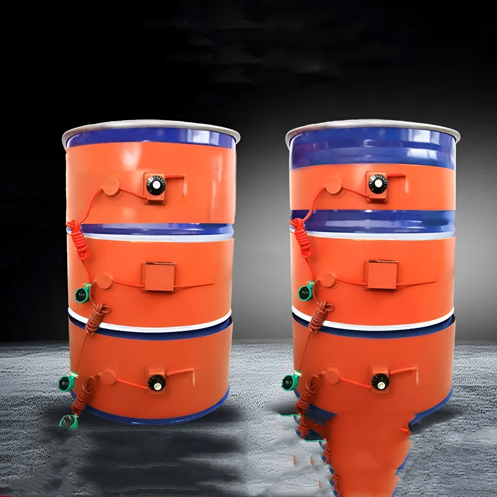 Silicone rubber heating belt wrapped around a 200-litre oil drum with digital display control unit.