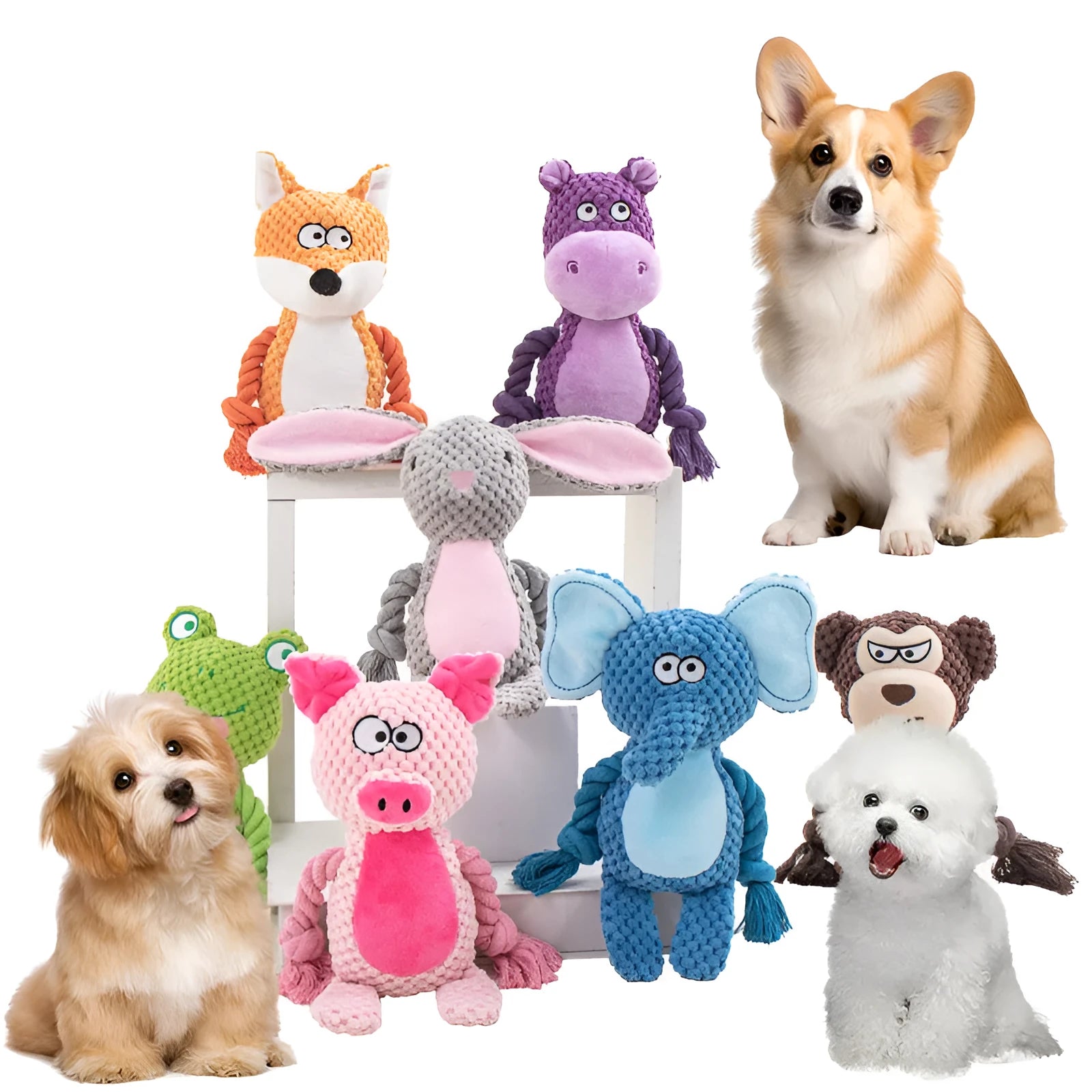 Plush hippo dog tug toy with cotton rope sections for interactive pull play