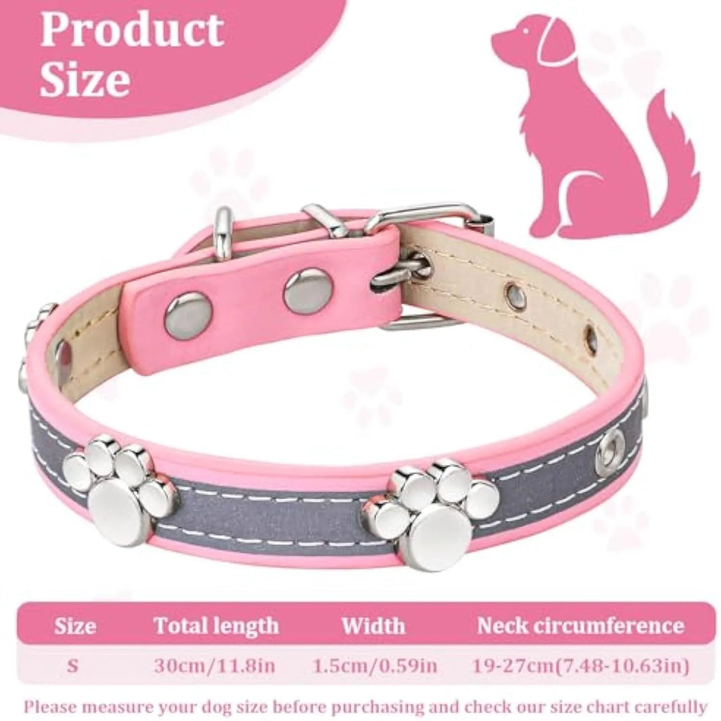 Reflective PU leather dog collar with paw rivet decoration and metal buckle