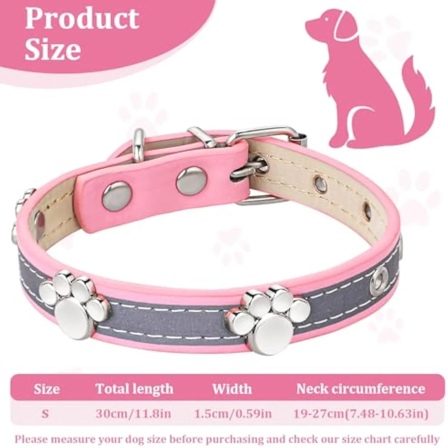 Reflective PU leather dog collar with paw rivet decoration and metal buckle
