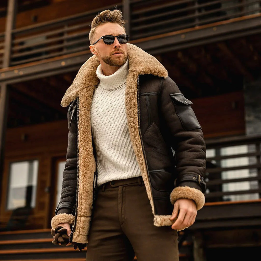 Men's winter military fleece jacket with fur collar in black, medium length with multiple pockets
