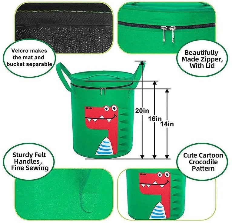 Green felt cube storage bag with pull rope, shown open as a play mat and closed as a toy container.