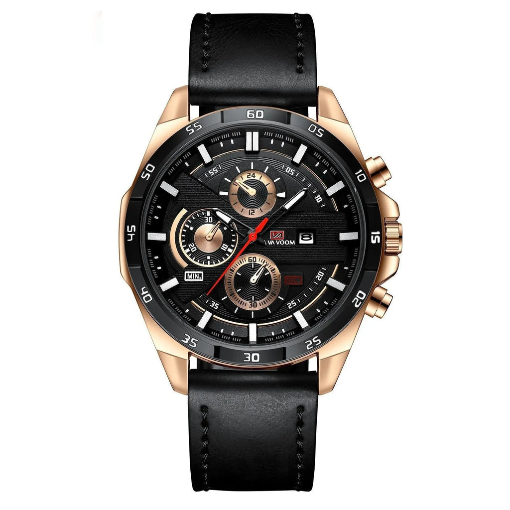 Men's waterproof quartz watch with calendar on brown leather strap.