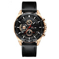 Men's waterproof quartz watch with calendar on brown leather strap.