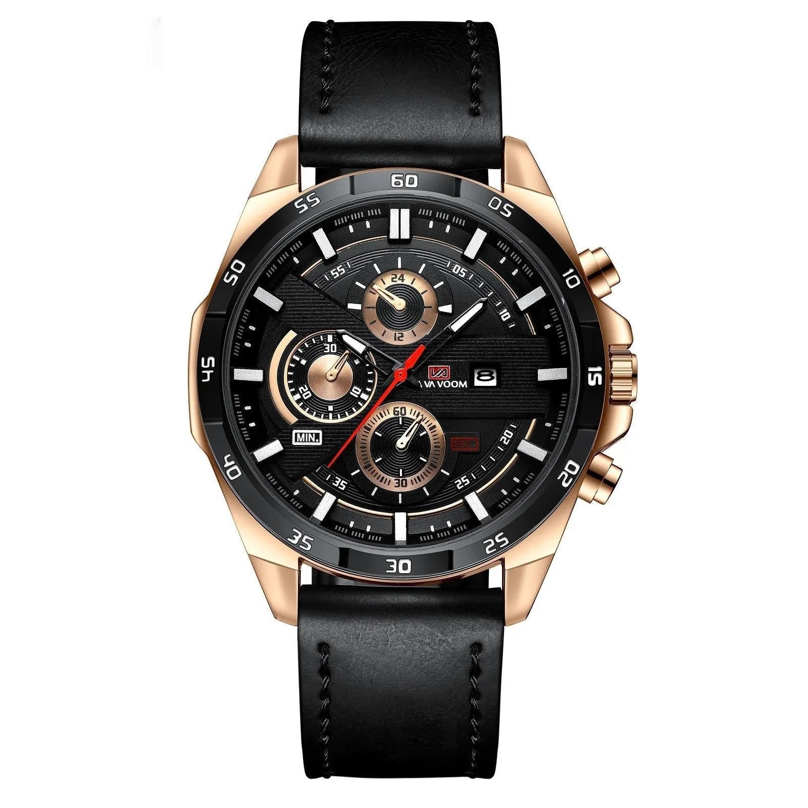 Men's waterproof quartz watch with calendar on brown leather strap.