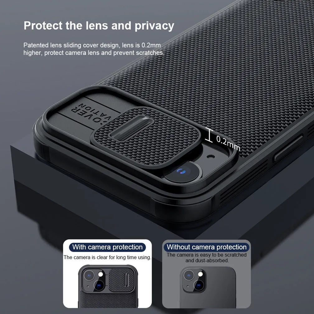 Black textured sliding phone case for Apple iPhone 13 Pro Max, shown from the back.