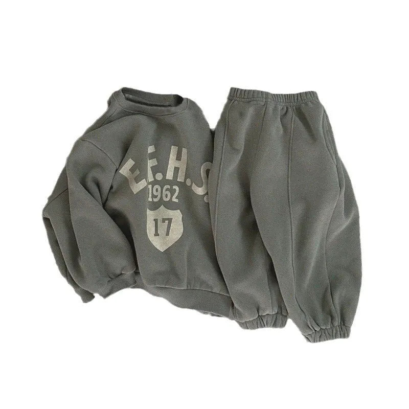 Boys and Girls Letter Print Casual Fleece Sweater Two-Piece Set Cotton Pullover Top and Trousers Set Long Sleeve Wool Warm Autumn Winter Two-Piece Set Apricot Brown Gray Green 80-130cm Height