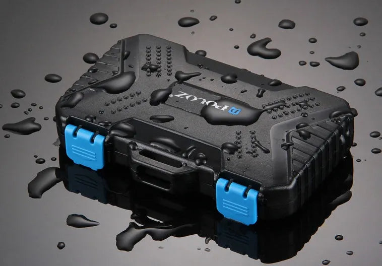 Black waterproof memory card case for 4CF 8SD 9TF SIM cards with blue TPV seal, 11.5 x 7.0 x 2.05 cm