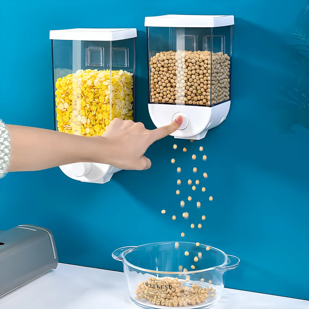 White transparent wall-mounted kitchen cereal dispenser storage box with easy-press lid