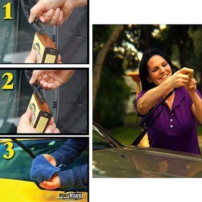 Wiper Wizard tool with microcrystals used to restore car wiper blades, includes microfiber cloth