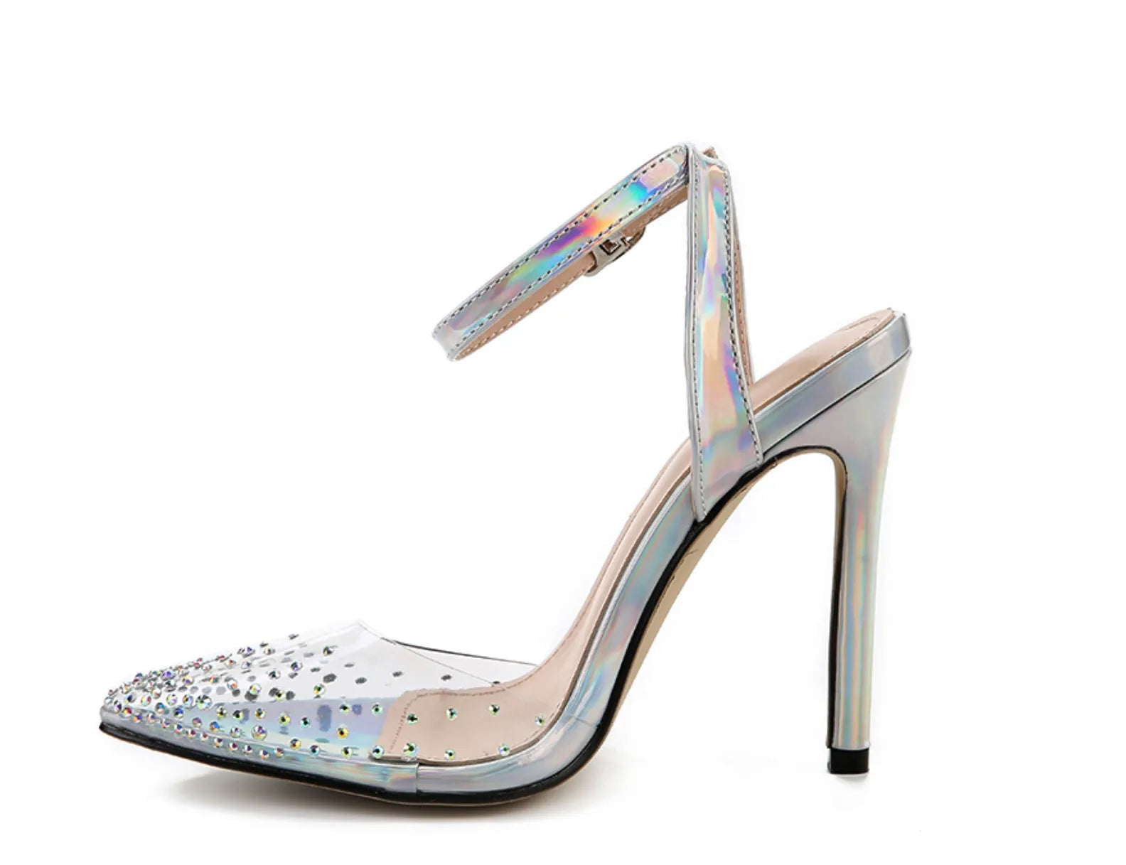 Women's pointed-toe stiletto sandals with a diamond detail on the PVC upper.