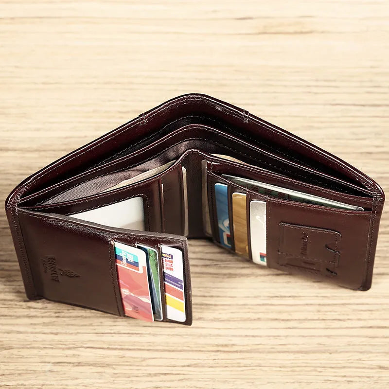 Men's black leather RFID blocking wallet open to show card slots, ID window, and coin pocket.