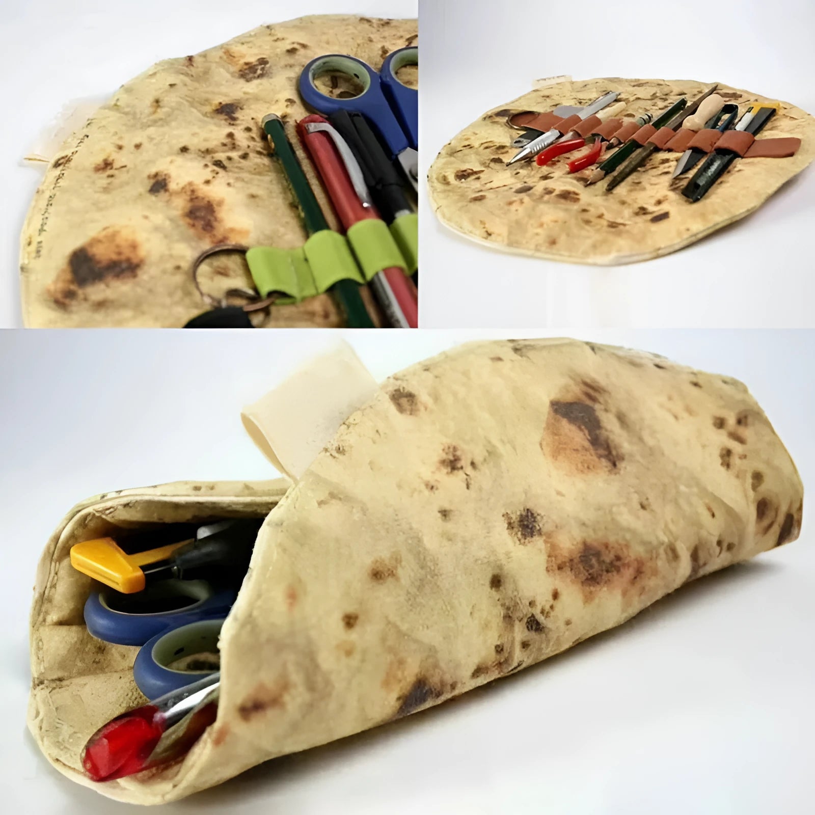 Novelty fabric pencil holder shaped like a burrito roll, 22cm square, in shown colour