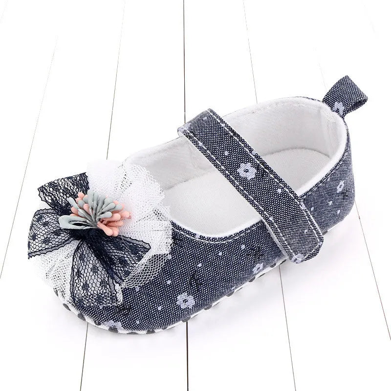 Baby princess soft sole cotton shoes in blue with Velcro fastening for toddlers