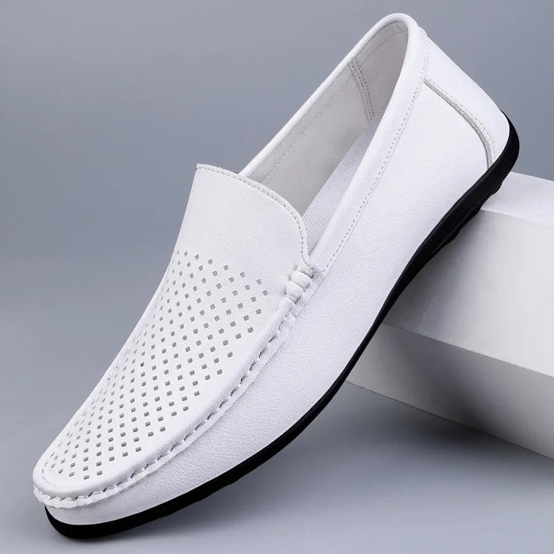 Men's white casual loafers low-top soft bottom flat heel stitched rubber sole side view