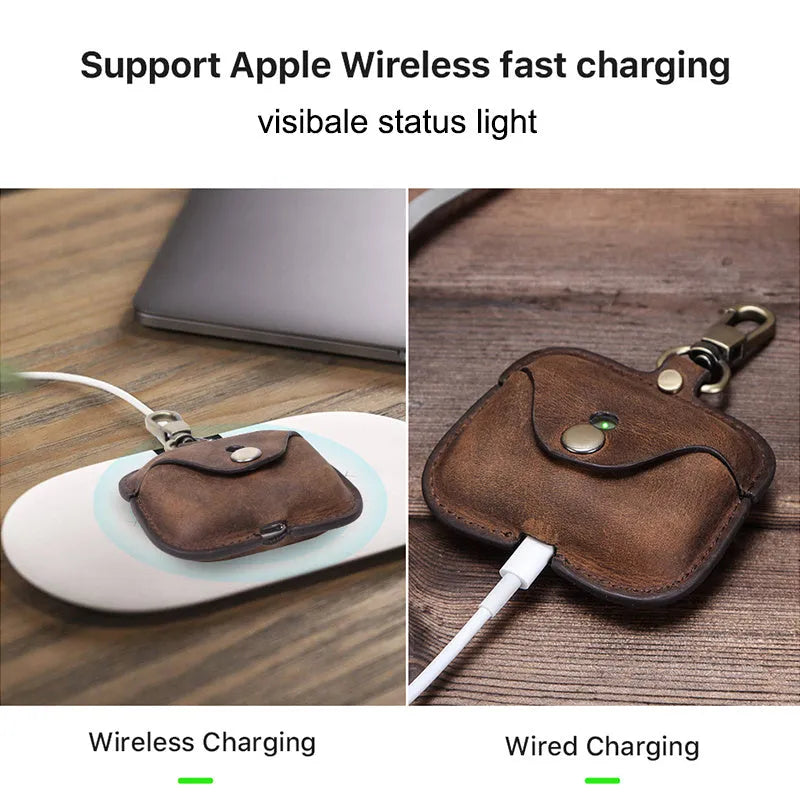 Vintage brown leather clamshell case for Apple AirPods Pro wireless earphones.