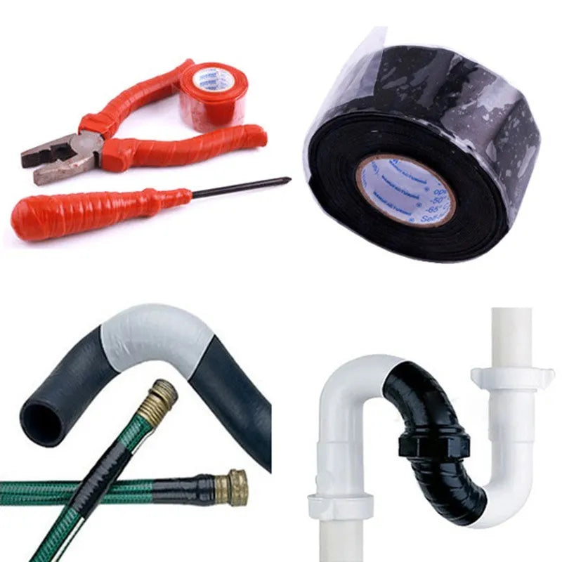 Black waterproof silicone repair tape, 3 metre roll, for leaky hoses, pipes and electrical insulation