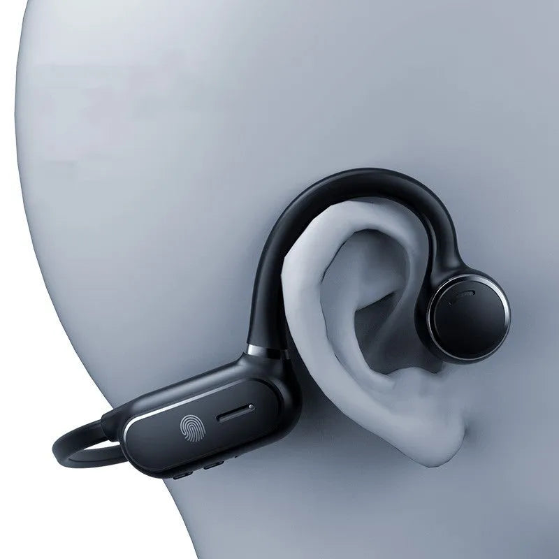 Black air conduction Bluetooth wireless earphones with a titanium alloy hook for over-ear wear.
