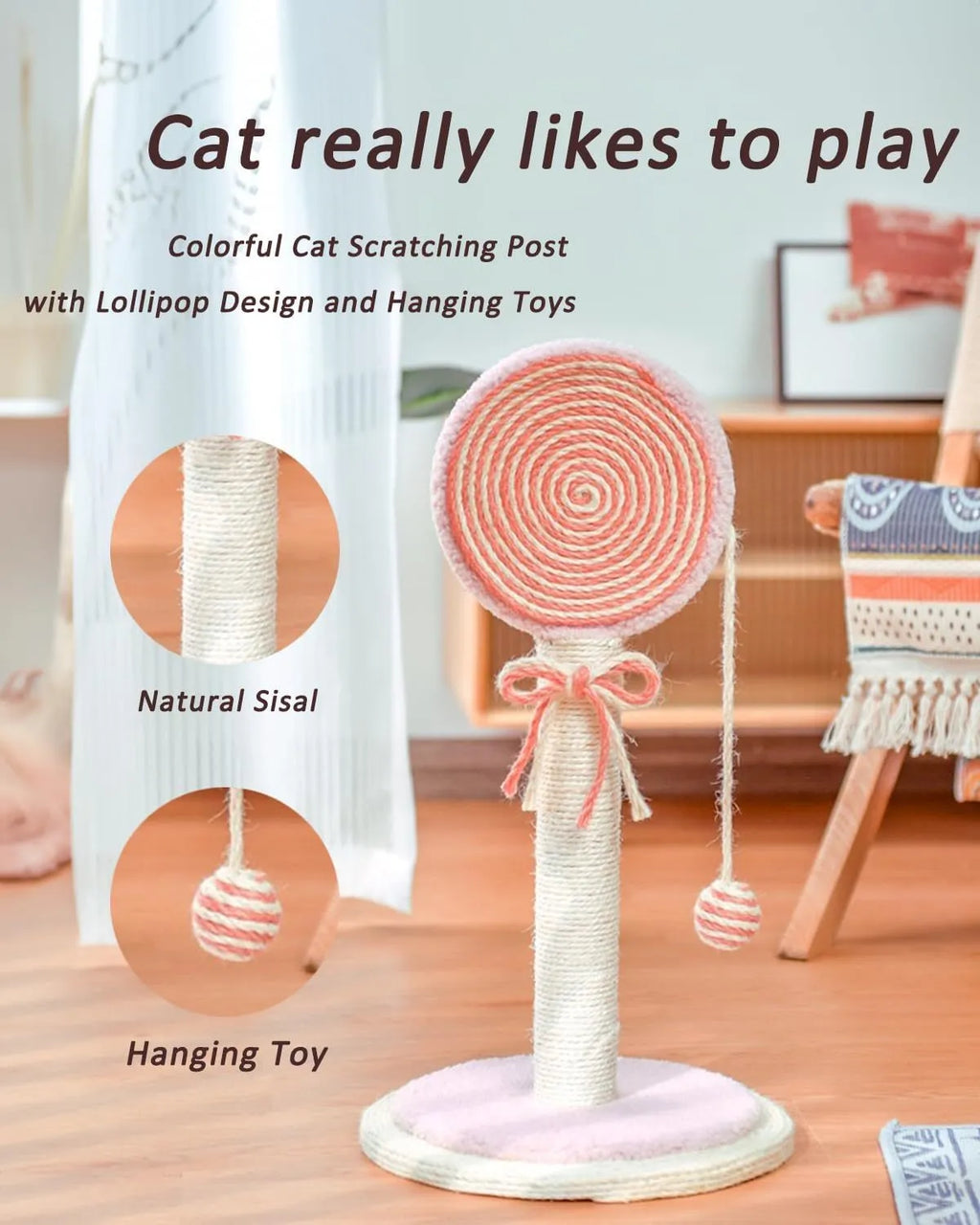 Blue cat scratching post with natural sisal rope and a hanging ball on a stable wooden base.