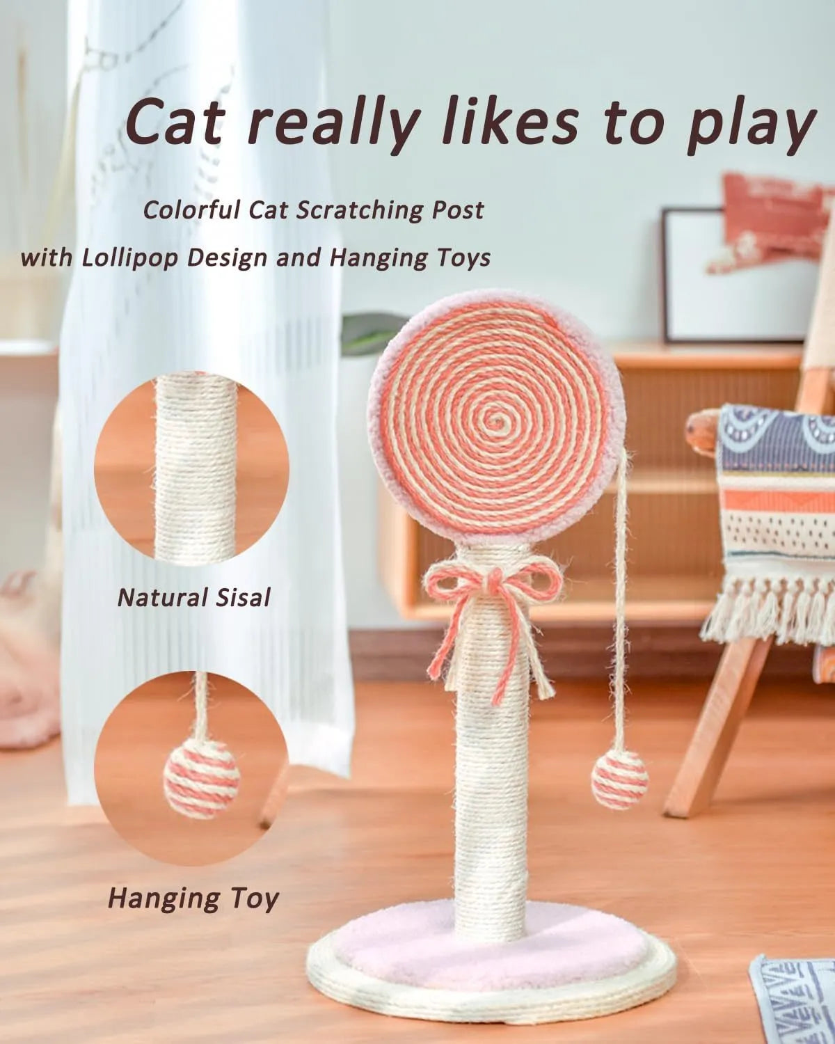 Blue cat scratching post with natural sisal rope and a hanging ball on a stable wooden base.