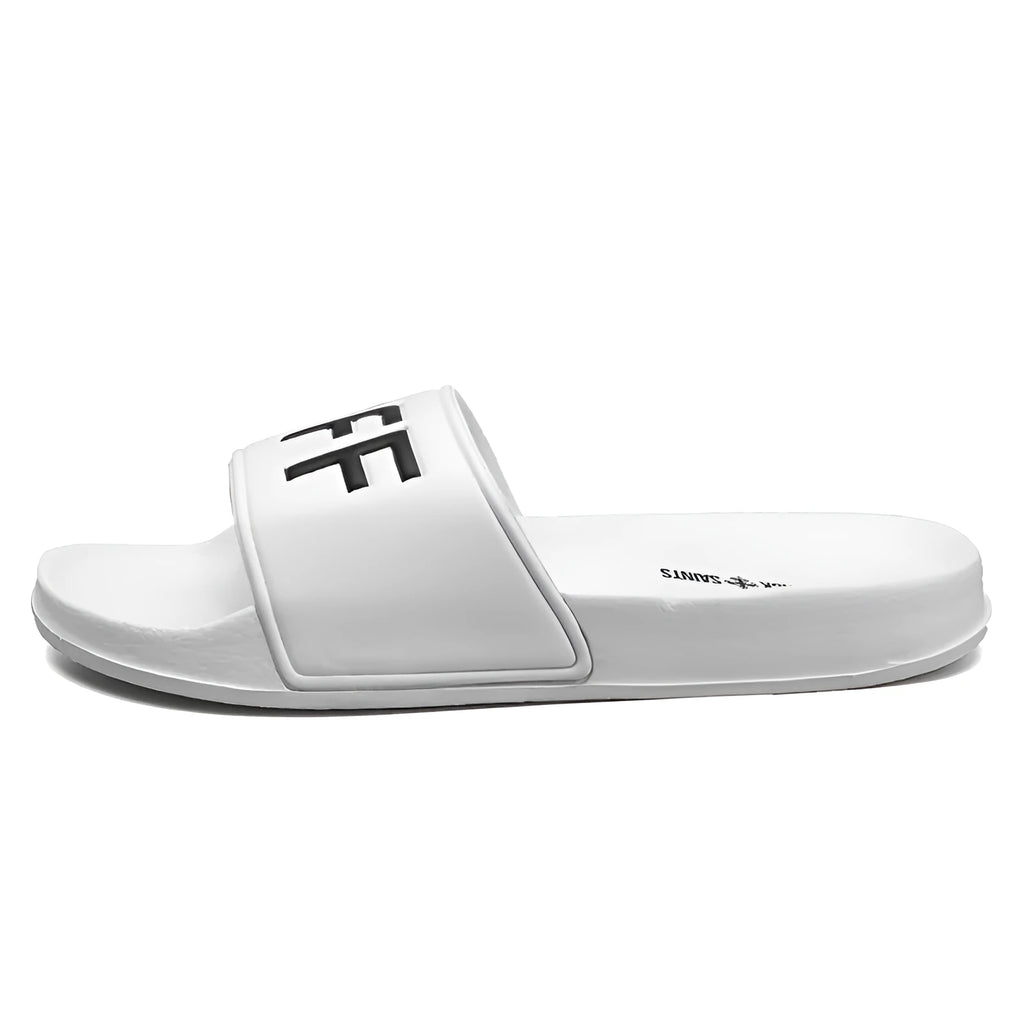 Men's large black and white open-toe personalised slippers with rubber soles on a plain background.