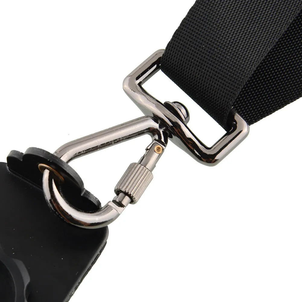 Black dual SLR camera shoulder strap with thick sponge padding and metal mounting hardware