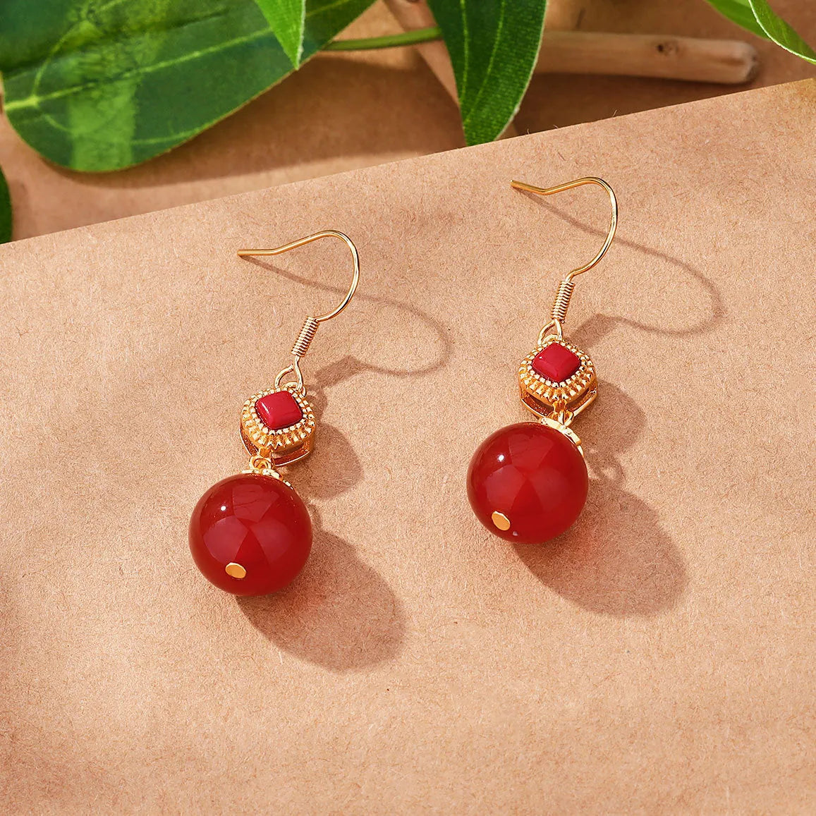 Southern red agate round bead earrings with S925 silver inlaid jasper geometric design