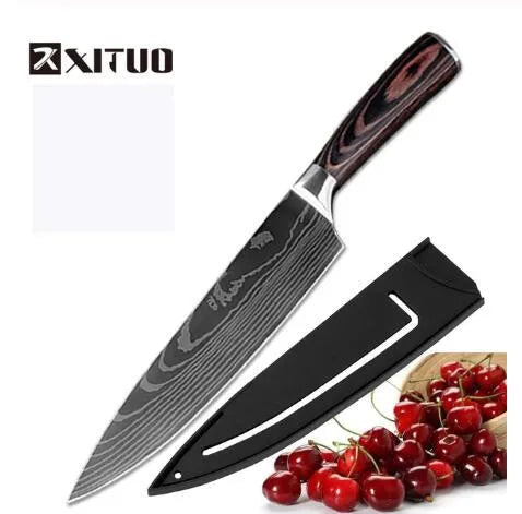 Kitchen knife set with 7Cr17 steel blades showing laser Damascus patterns and coloured wood handles