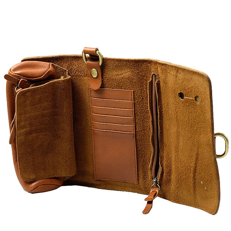 Handmade cow leather wallet in black or dark brown with tape extraction closure