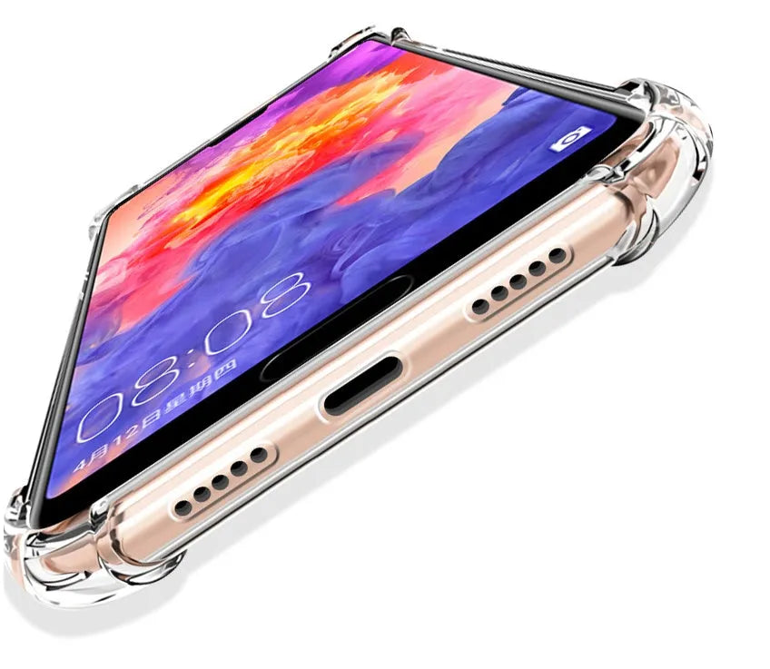 Clear transparent phone case for Huawei and Honor smartphones showing airbag protection design