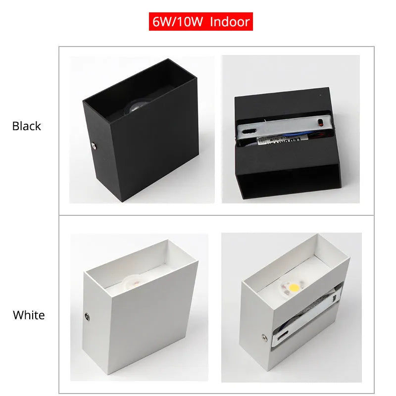 Aluminium cube wall lamp in black, grey, or white colours with 360-degree light distribution