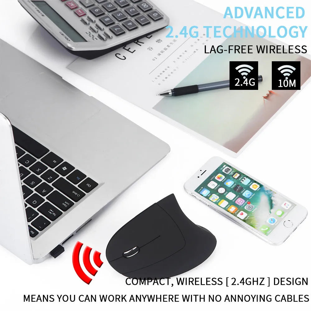 Left hand vertical wireless mouse in black ergonomic design with thumb buttons