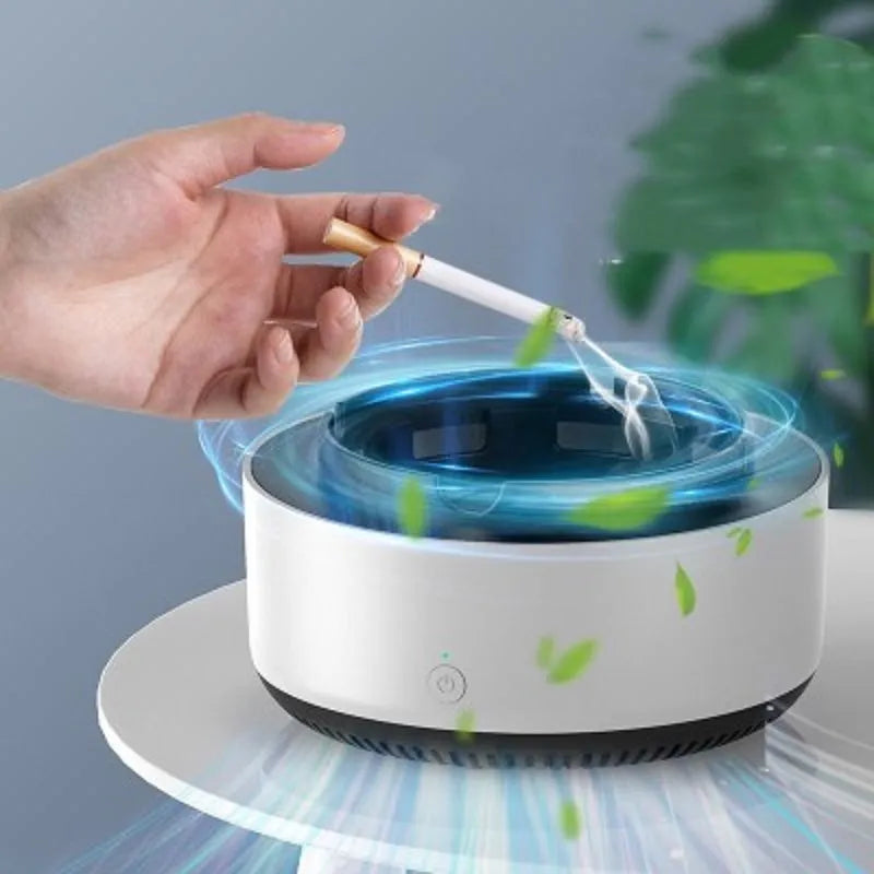 Grey electronic air purifier ashtray with cigarette butt grooves and purification system